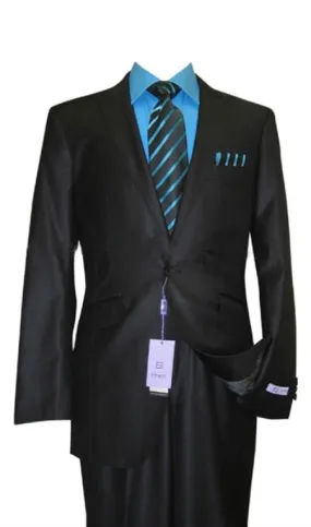1 Button Peak Lapel Black Sharkskin Wool and Silk Blend Flat Front Fitted Suit