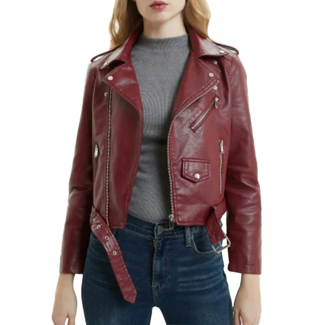 2020 New Women Autunm Winter Black Blue Fake Faux Leather Jackets Lady PU Zipper Pocket Motorcycle Outerwear Coat Belt