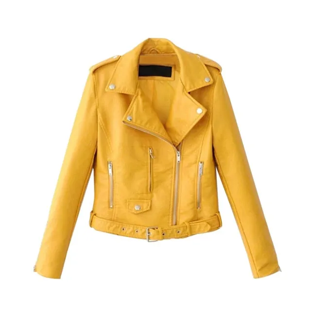 2020 New Women Autunm Winter Black Blue Fake Faux Leather Jackets Lady PU Zipper Pocket Motorcycle Outerwear Coat Belt