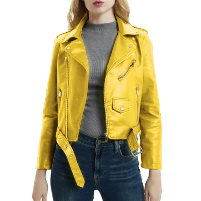 2020 New Women Autunm Winter Black Blue Fake Faux Leather Jackets Lady PU Zipper Pocket Motorcycle Outerwear Coat Belt