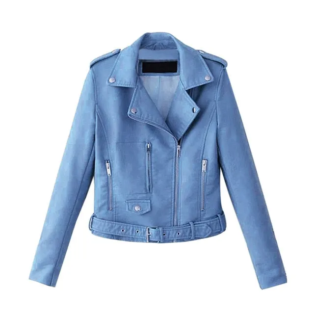 2020 New Women Autunm Winter Black Blue Fake Faux Leather Jackets Lady PU Zipper Pocket Motorcycle Outerwear Coat Belt