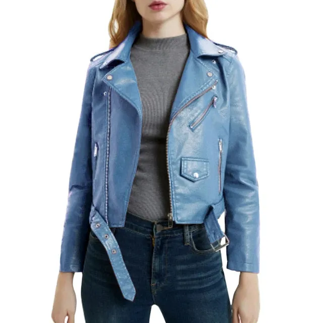 2020 New Women Autunm Winter Black Blue Fake Faux Leather Jackets Lady PU Zipper Pocket Motorcycle Outerwear Coat Belt