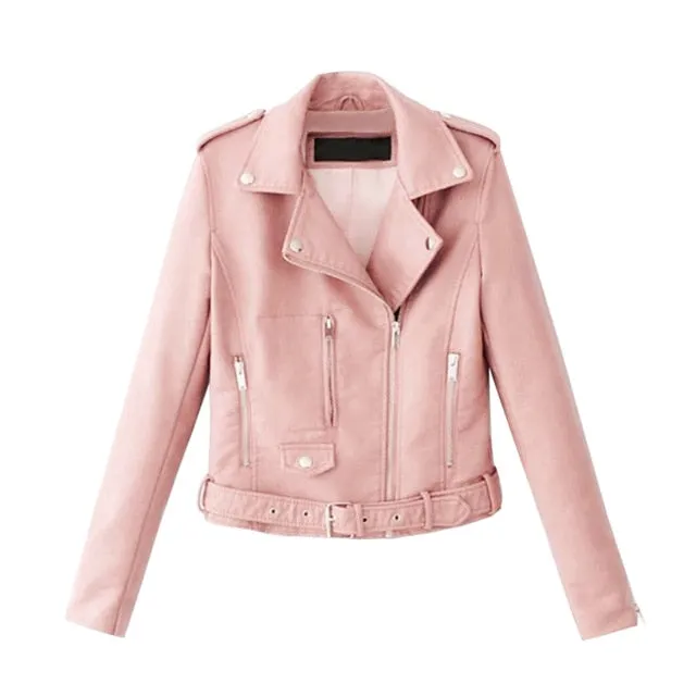 2020 New Women Autunm Winter Black Blue Fake Faux Leather Jackets Lady PU Zipper Pocket Motorcycle Outerwear Coat Belt