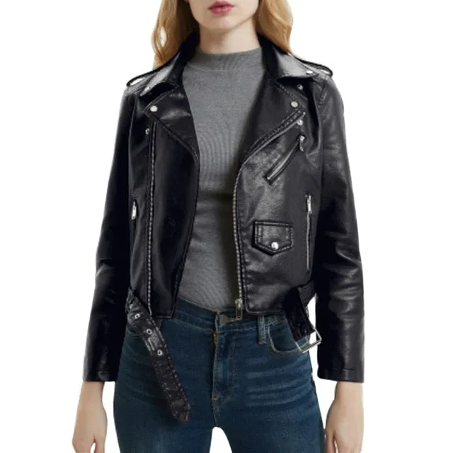 2020 New Women Autunm Winter Black Blue Fake Faux Leather Jackets Lady PU Zipper Pocket Motorcycle Outerwear Coat Belt