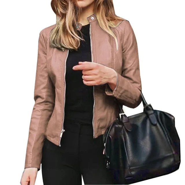 2020 New Women Autunm Winter Black Blue Fake Faux Leather Jackets Lady PU Zipper Pocket Motorcycle Outerwear Coat Belt