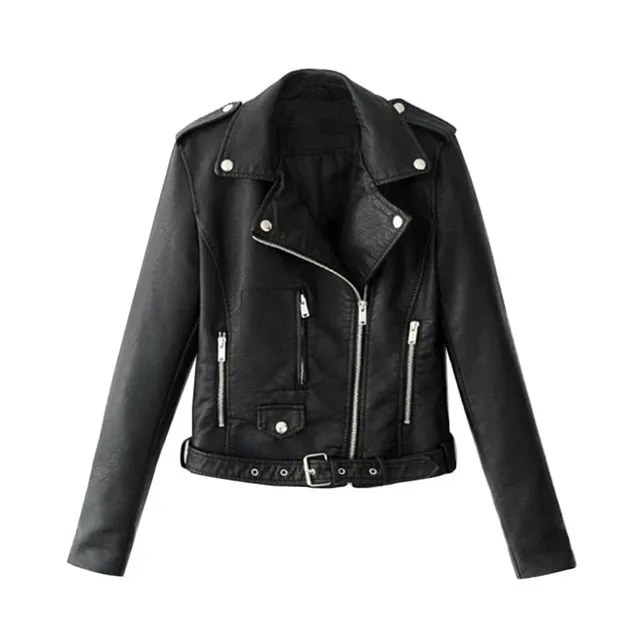 2020 New Women Autunm Winter Black Blue Fake Faux Leather Jackets Lady PU Zipper Pocket Motorcycle Outerwear Coat Belt