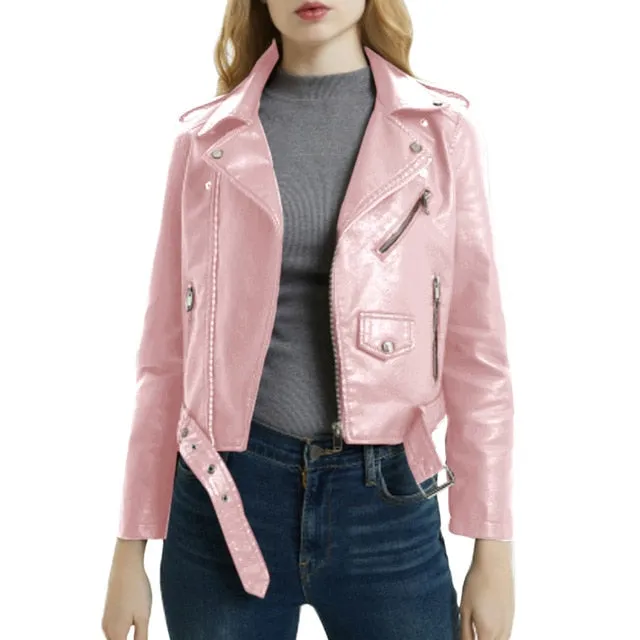 2020 New Women Autunm Winter Black Blue Fake Faux Leather Jackets Lady PU Zipper Pocket Motorcycle Outerwear Coat Belt