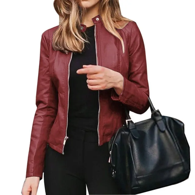 2020 New Women Autunm Winter Black Blue Fake Faux Leather Jackets Lady PU Zipper Pocket Motorcycle Outerwear Coat Belt