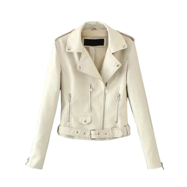 2020 New Women Autunm Winter Black Blue Fake Faux Leather Jackets Lady PU Zipper Pocket Motorcycle Outerwear Coat Belt