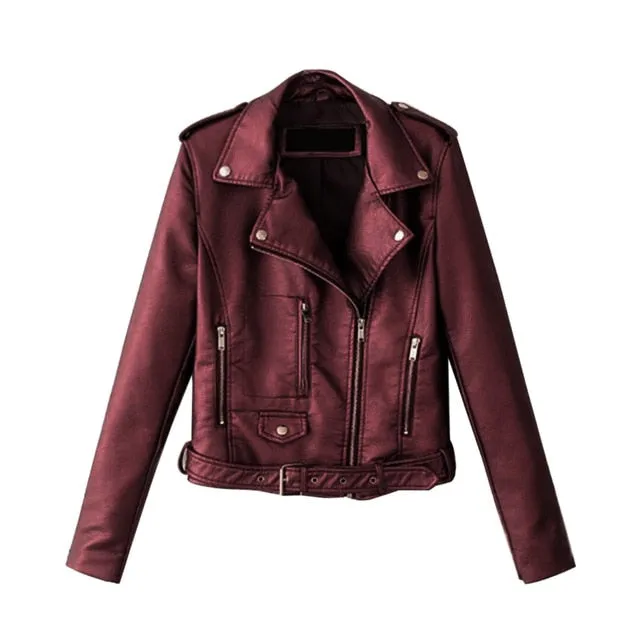 2020 New Women Autunm Winter Black Blue Fake Faux Leather Jackets Lady PU Zipper Pocket Motorcycle Outerwear Coat Belt
