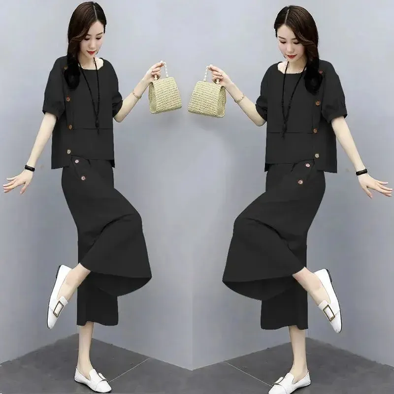 2024 Summer New Art Skin Covering and Slimming Fashion Casual Women's Wide Leg Pants Large Size Fashion Two Piece Set Trendy