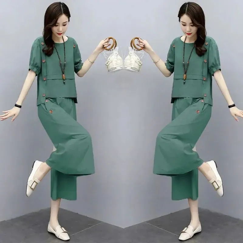 2024 Summer New Art Skin Covering and Slimming Fashion Casual Women's Wide Leg Pants Large Size Fashion Two Piece Set Trendy
