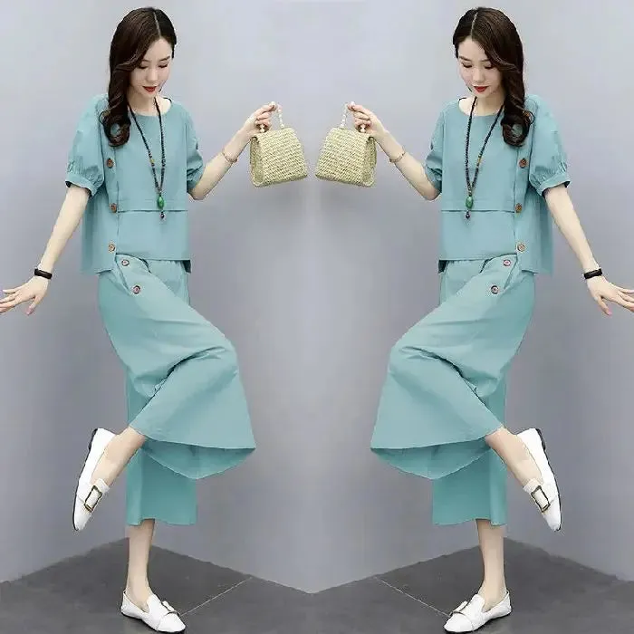 2024 Summer New Art Skin Covering and Slimming Fashion Casual Women's Wide Leg Pants Large Size Fashion Two Piece Set Trendy