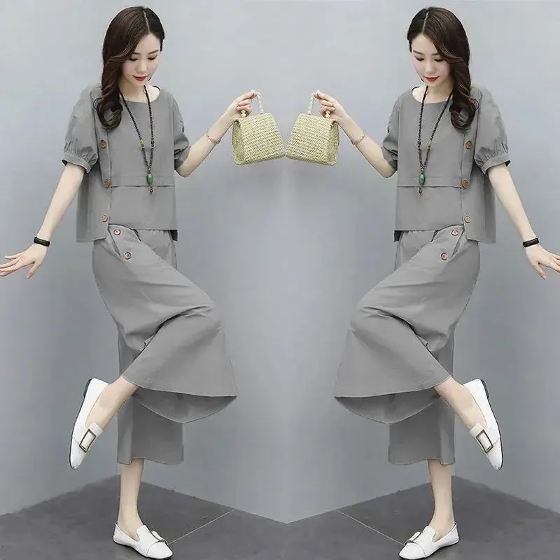 2024 Summer New Art Skin Covering and Slimming Fashion Casual Women's Wide Leg Pants Large Size Fashion Two Piece Set Trendy