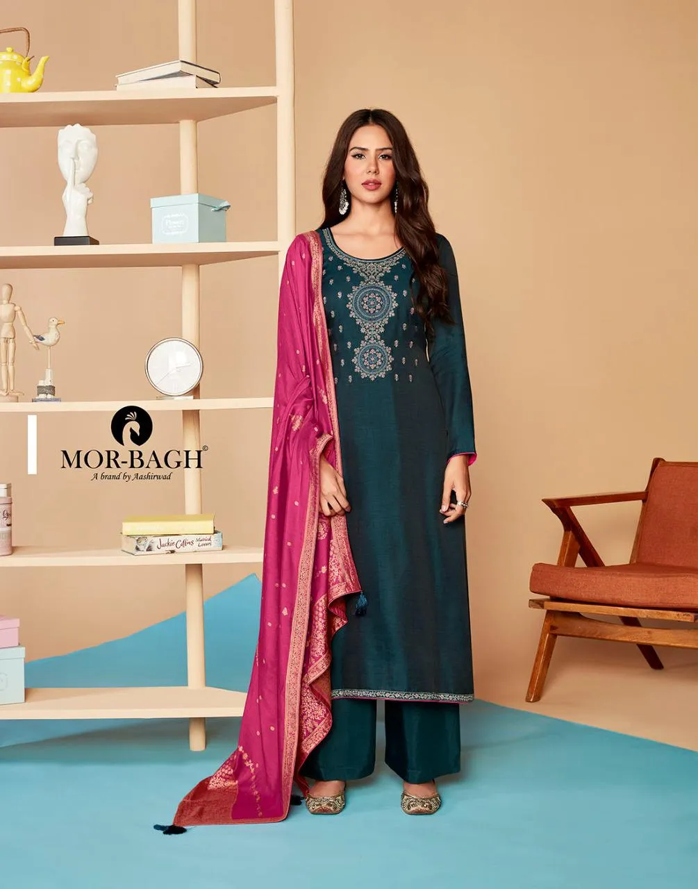 AASHIRWAD MOR BAGH SAARAS 8592 to 8595 LINEN SILK SALWAR SUIT
