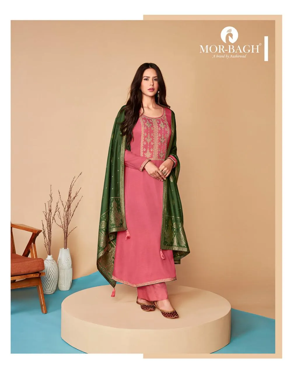 AASHIRWAD MOR BAGH SAARAS 8592 to 8595 LINEN SILK SALWAR SUIT