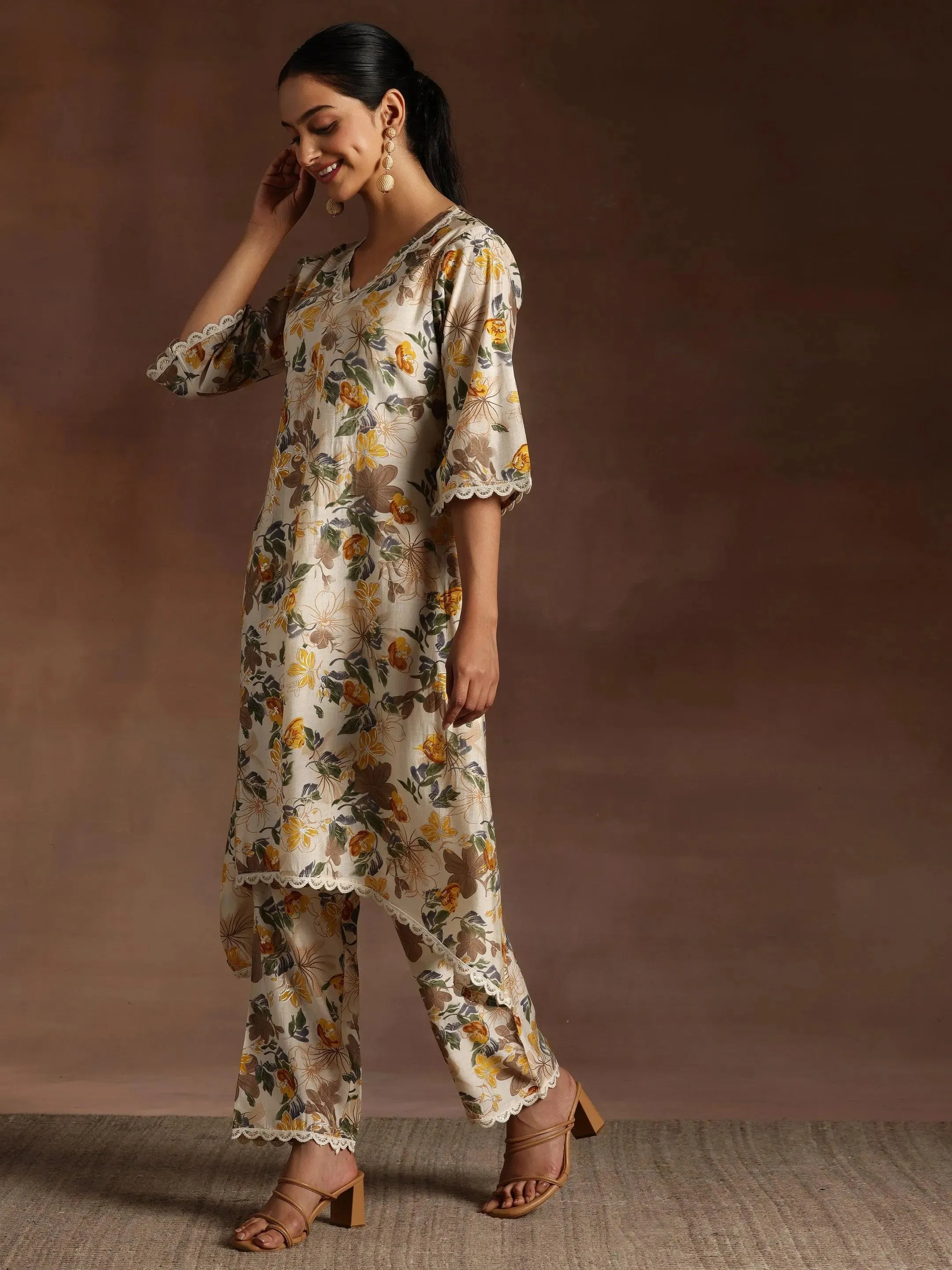 Beige Printed Chanderi Silk A-Line Kurta With Trousers