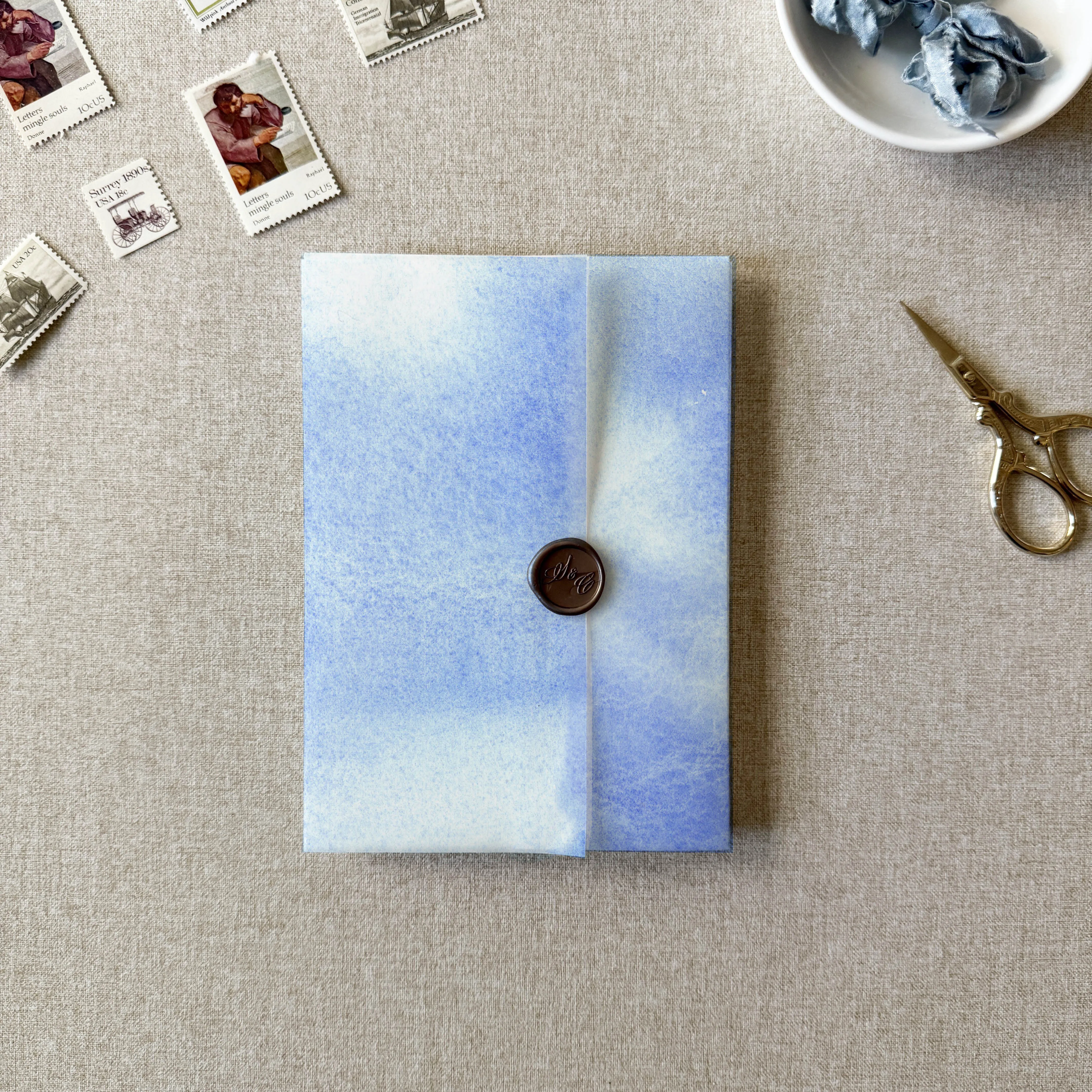 Blue Watercolor Vellum Wrap | A7 or A6 | Set of 10