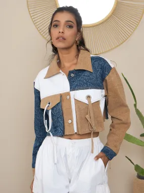 Brown Denim Color Blocking Patchwork Detail Crop Jacket