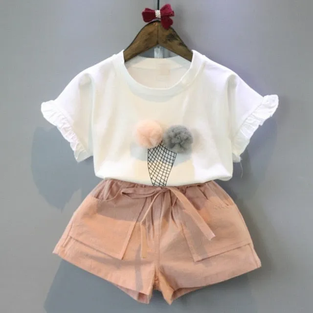 Cute Girls Clothing Sets Summer Casual Print Kids   Sleeveless Chiffon T-shirt Shorts 2PCS New Children  Suit