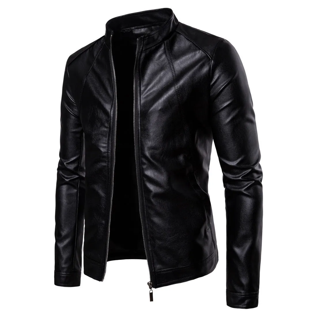 Fall 2020 new collar male locomotive leather fashion pure color washed PU leather jacket