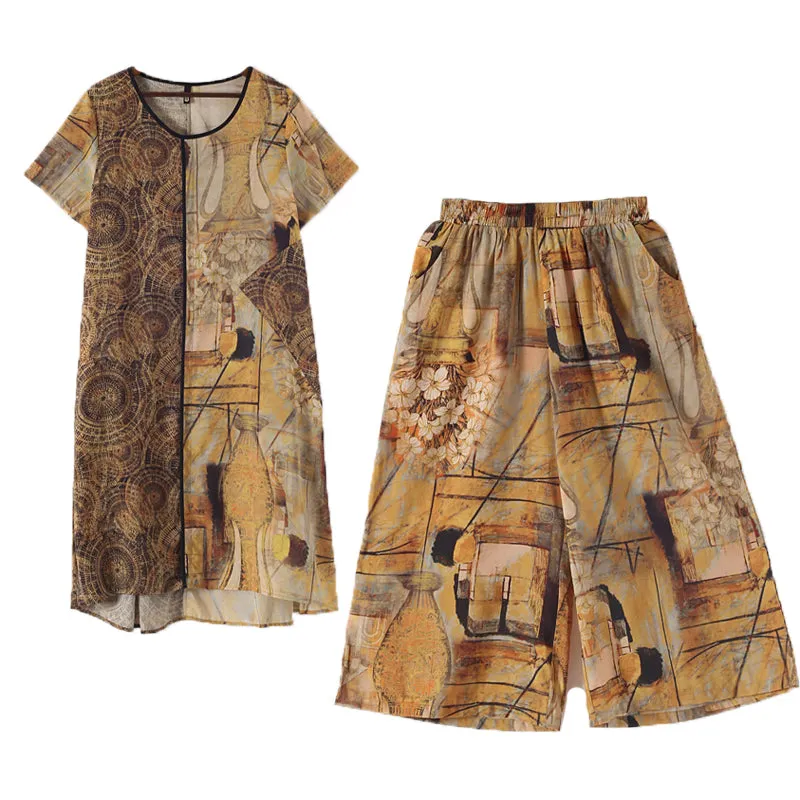 Floral Women Summer Suits Loose Women Wide Legs