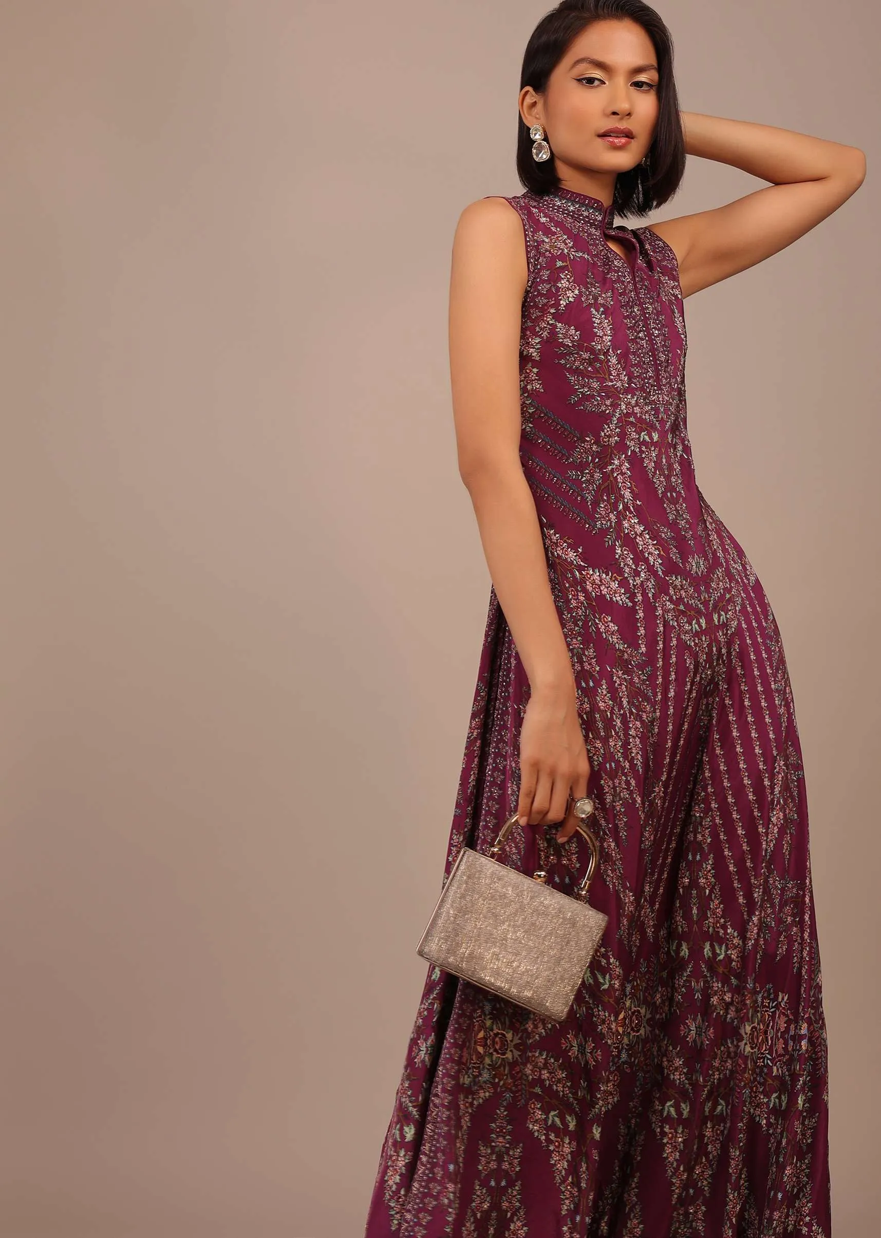 Grape Purple Printed Anarkali Kurti With Stonework In Crepe