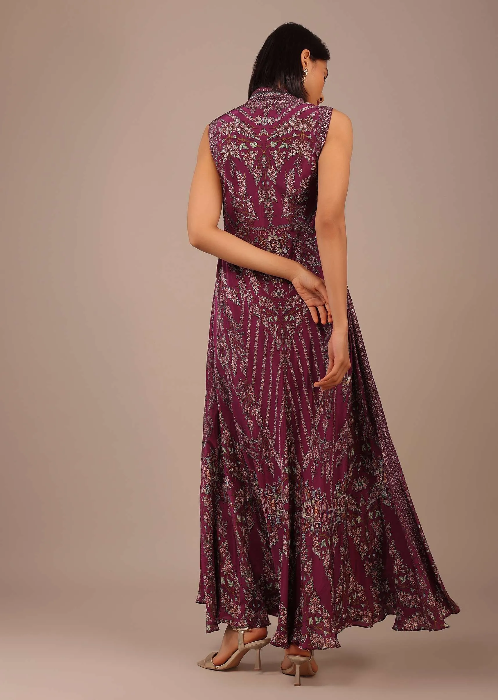 Grape Purple Printed Anarkali Kurti With Stonework In Crepe