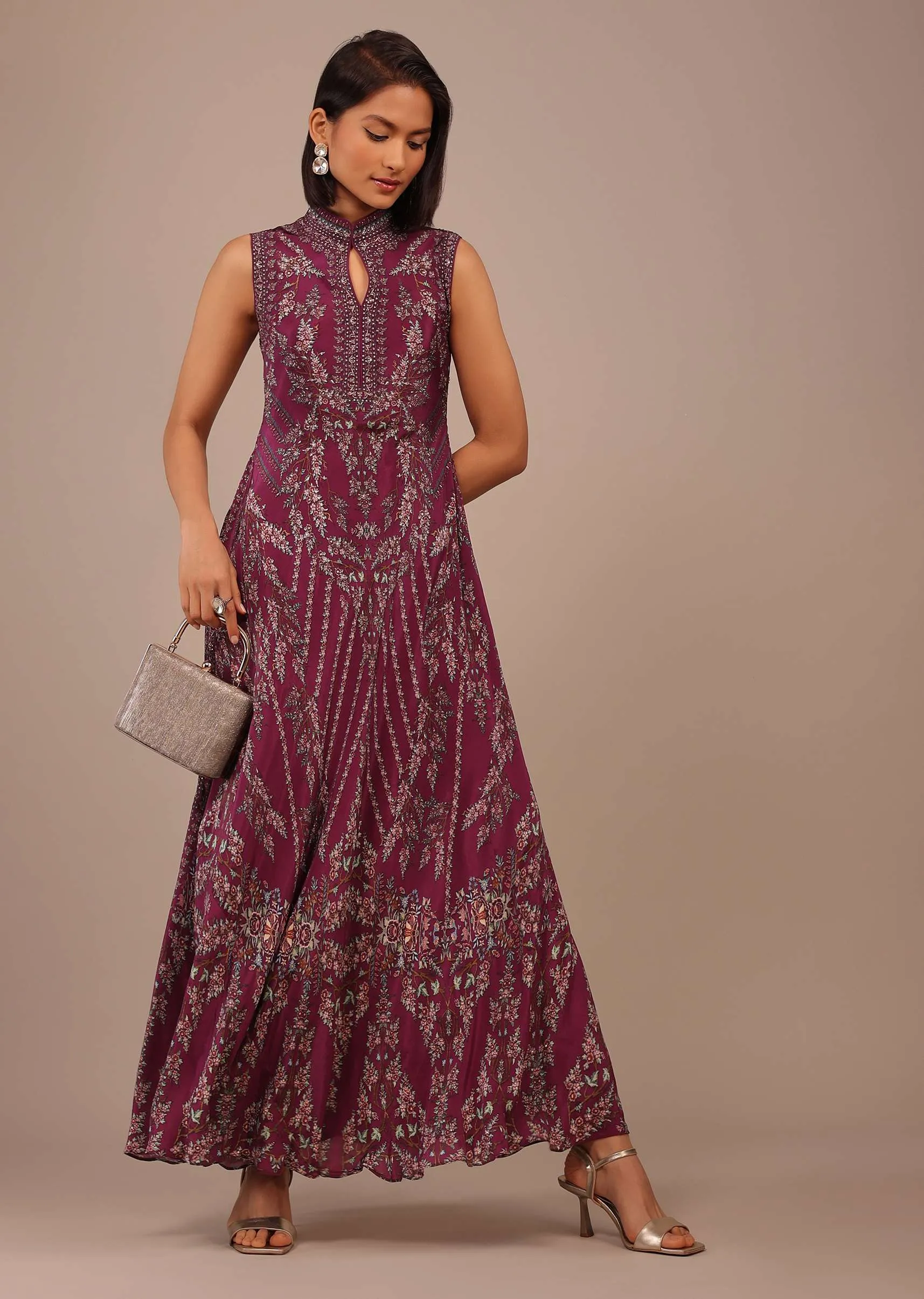 Grape Purple Printed Anarkali Kurti With Stonework In Crepe