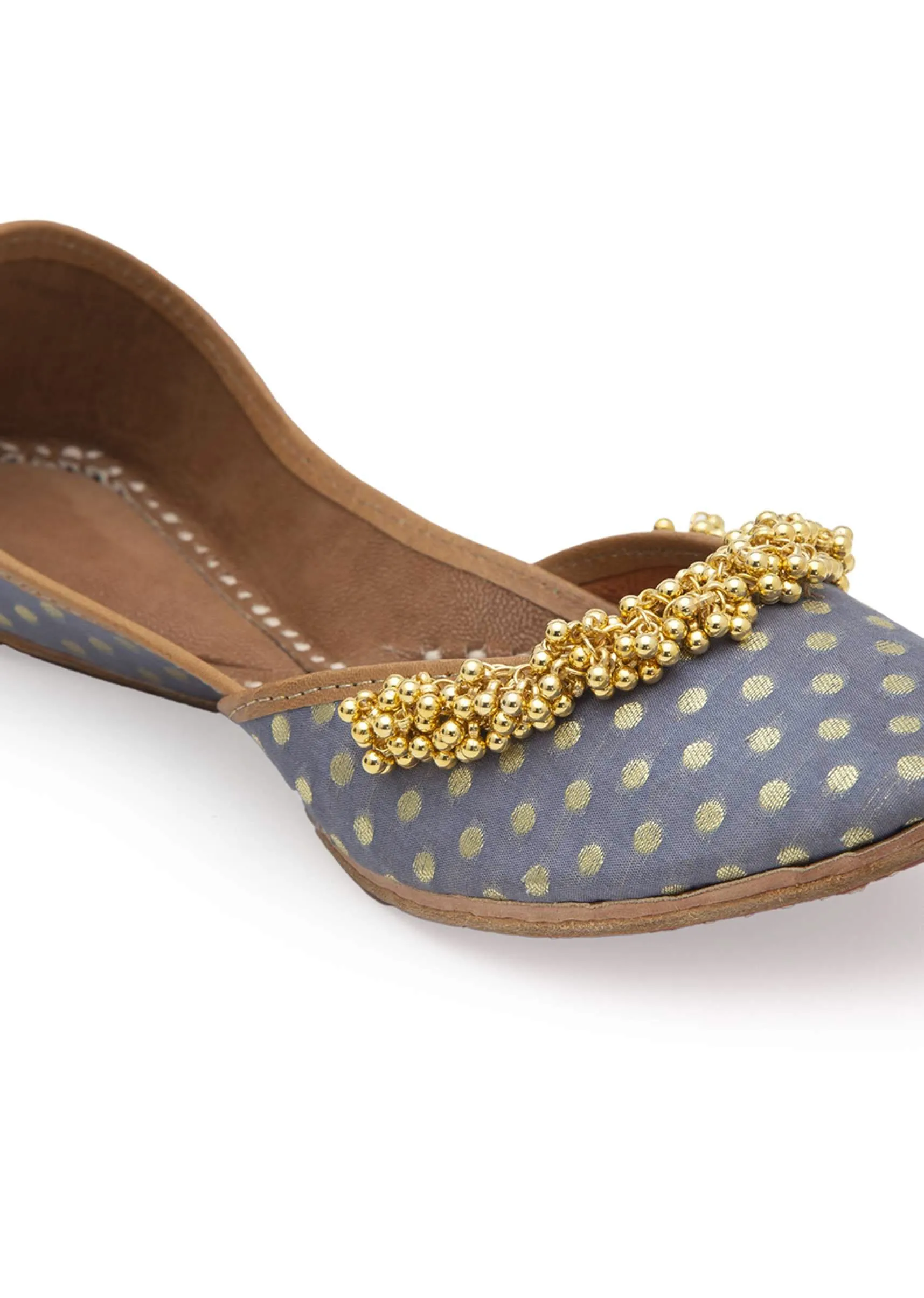 Grey Polka Dots Print Juttis In Silk With Ghungroo Embellishment And Leather Underlining