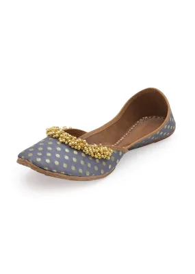 Grey Polka Dots Print Juttis In Silk With Ghungroo Embellishment And Leather Underlining