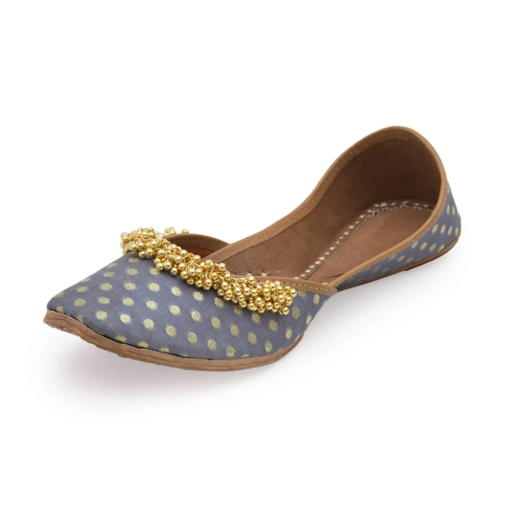 Grey Polka Dots Print Juttis In Silk With Ghungroo Embellishment And Leather Underlining