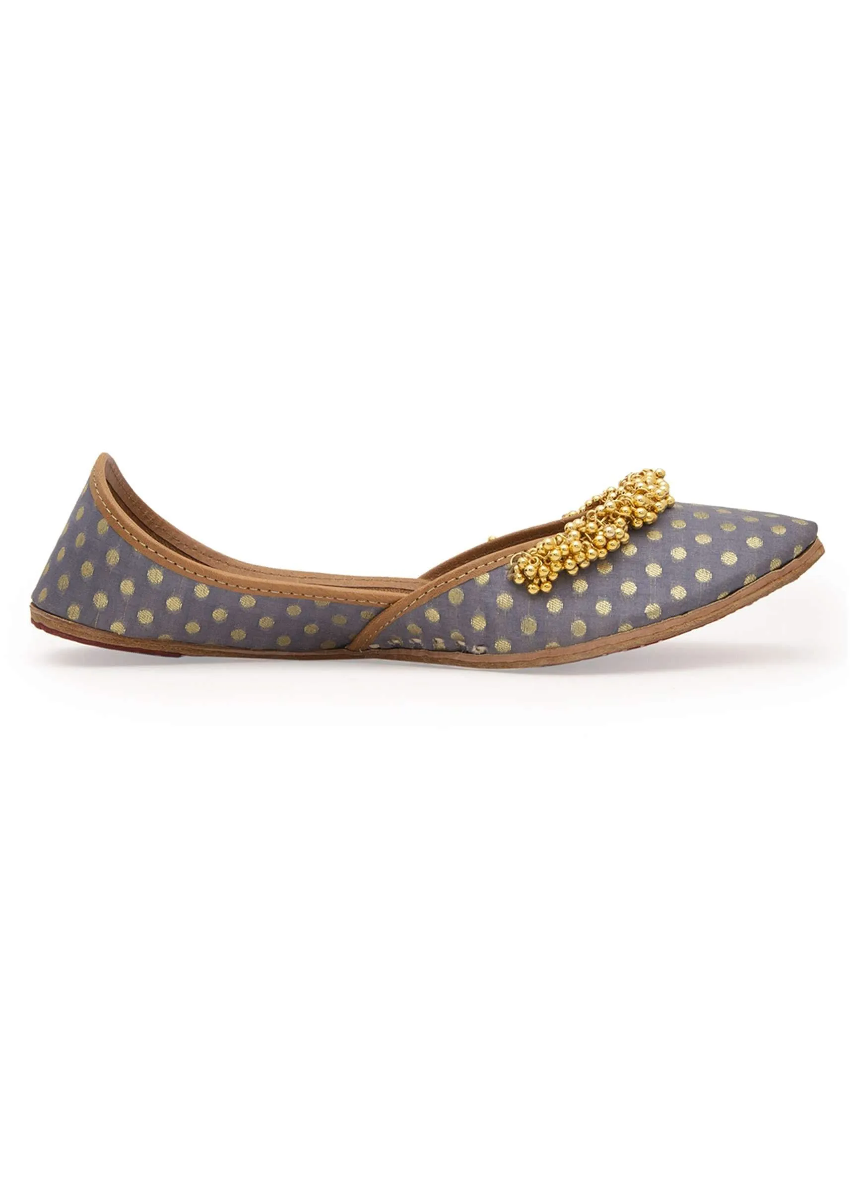 Grey Polka Dots Print Juttis In Silk With Ghungroo Embellishment And Leather Underlining