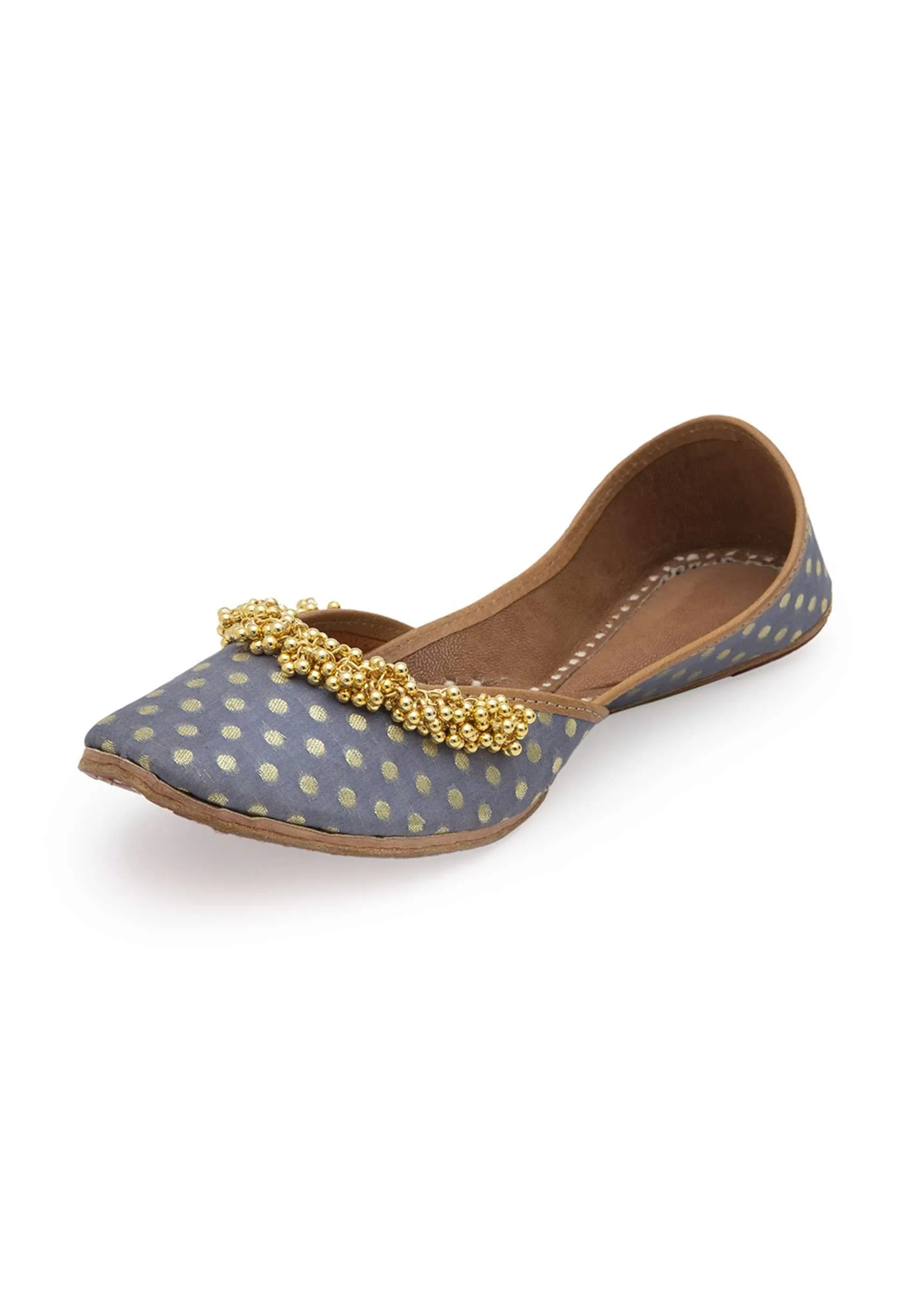Grey Polka Dots Print Juttis In Silk With Ghungroo Embellishment And Leather Underlining