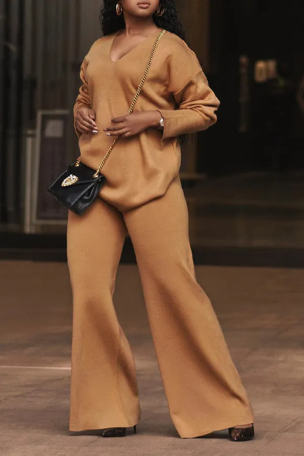 Imitation Suede Casual V-neck Two-piece Set