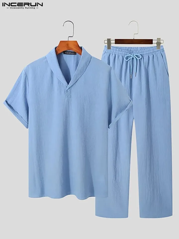 INCERUN Men Sets Solid Summer Lapel Short Sleeve Shirt & Drawstring Pants 2PCS Streetwear Korean Men Casual Suits S S4630766