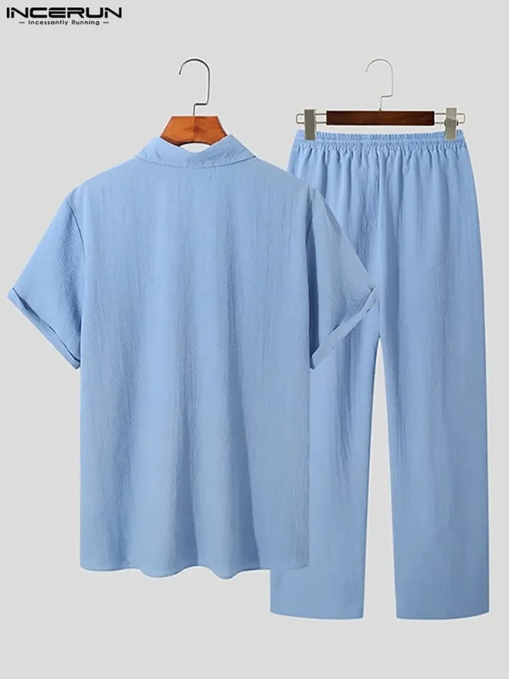 INCERUN Men Sets Solid Summer Lapel Short Sleeve Shirt & Drawstring Pants 2PCS Streetwear Korean Men Casual Suits S S4630766