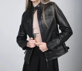 Johnson Women Black Cafe Racer Leather Jacket