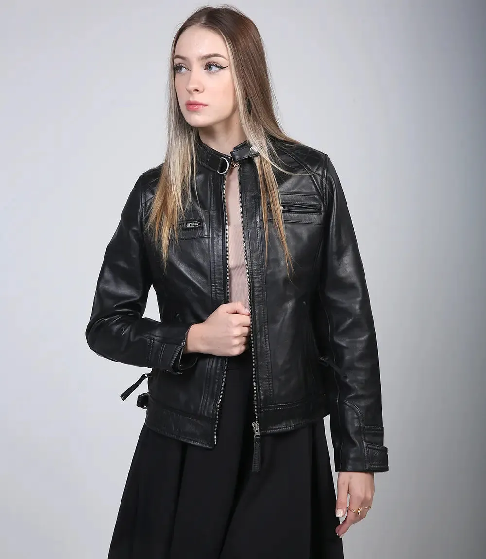 Johnson Women Black Cafe Racer Leather Jacket