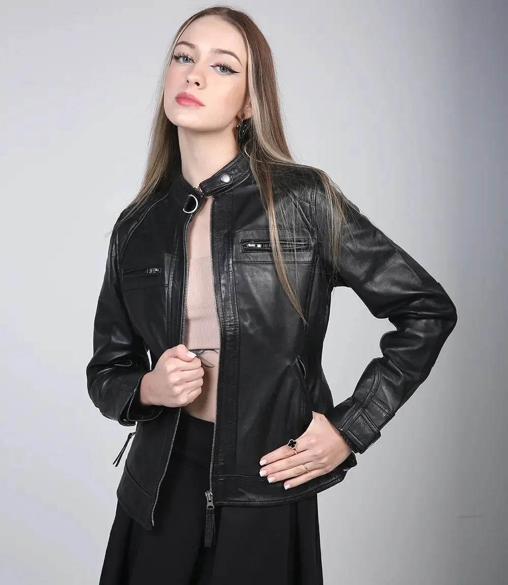 Johnson Women Black Cafe Racer Leather Jacket