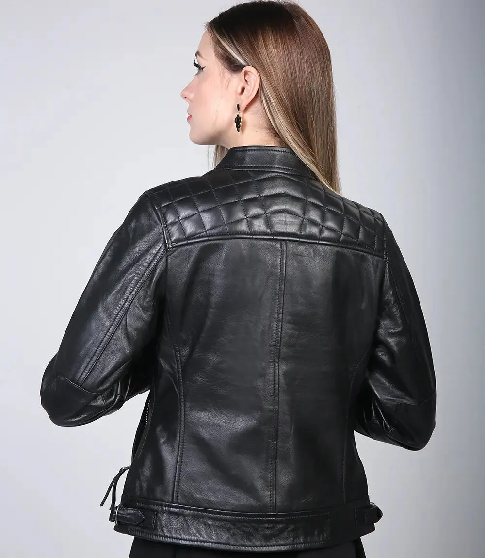 Johnson Women Black Cafe Racer Leather Jacket