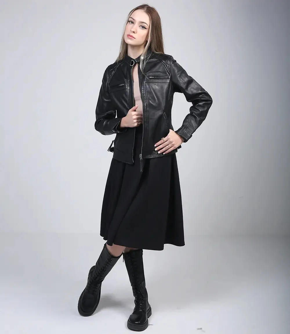 Johnson Women Black Cafe Racer Leather Jacket