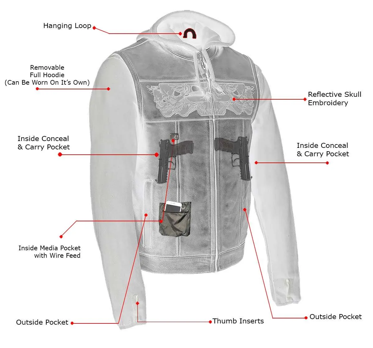 Milwaukee Leather MLM3563 Men's Leather Vest w/ Removeable Hoodie - Black 2 in 1 Reflective Skulls Motorcycle Vest