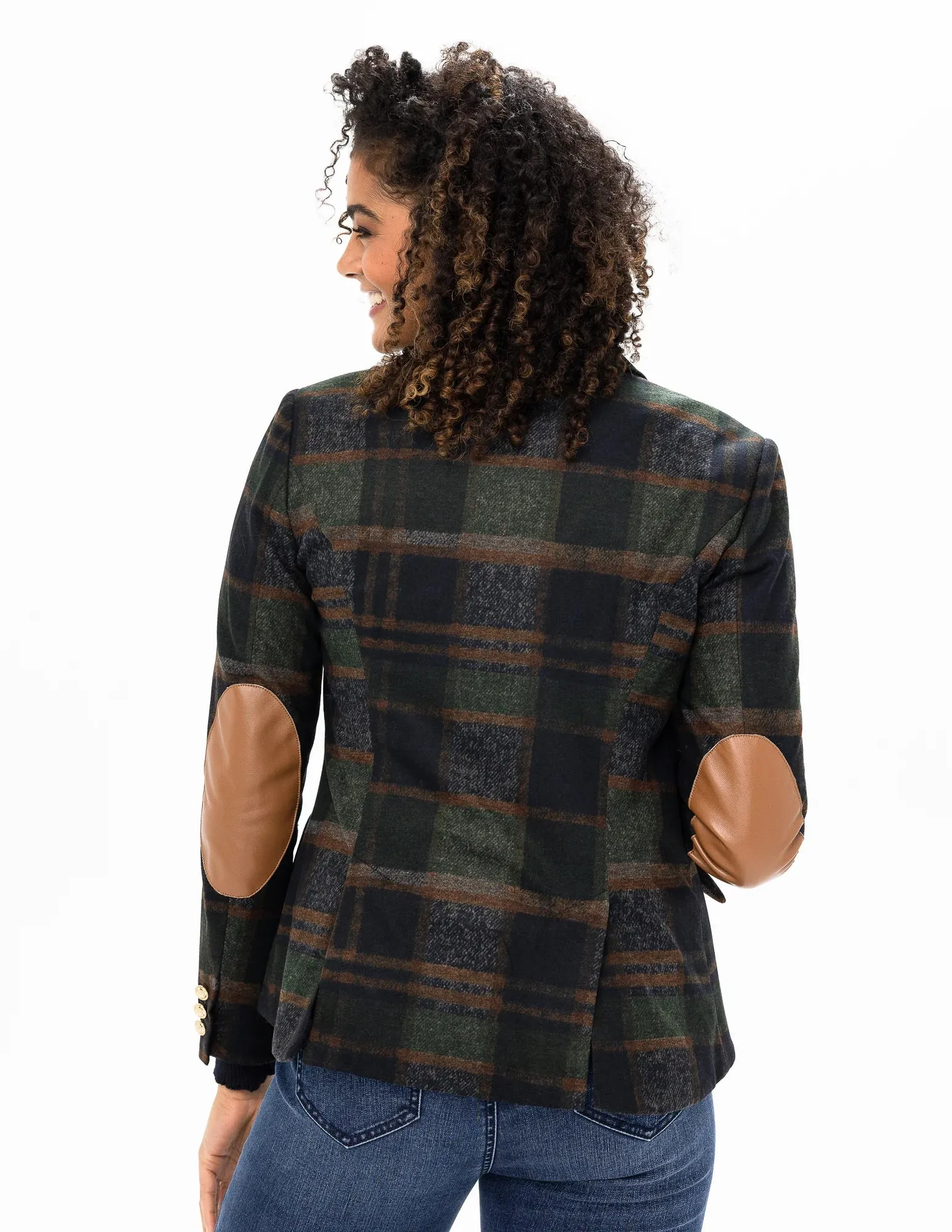 REN3837 Short Plaid Blazer W/Pleather Elbow Patches
